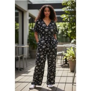 World Market Evil Eye Print Jumpsuit Size Large/XL Cotton Linen Blend Pockets